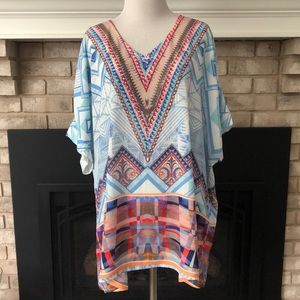 French Blue Multi-Color Semi Sheer Gold Embellished V-Neck Tunic size 2X